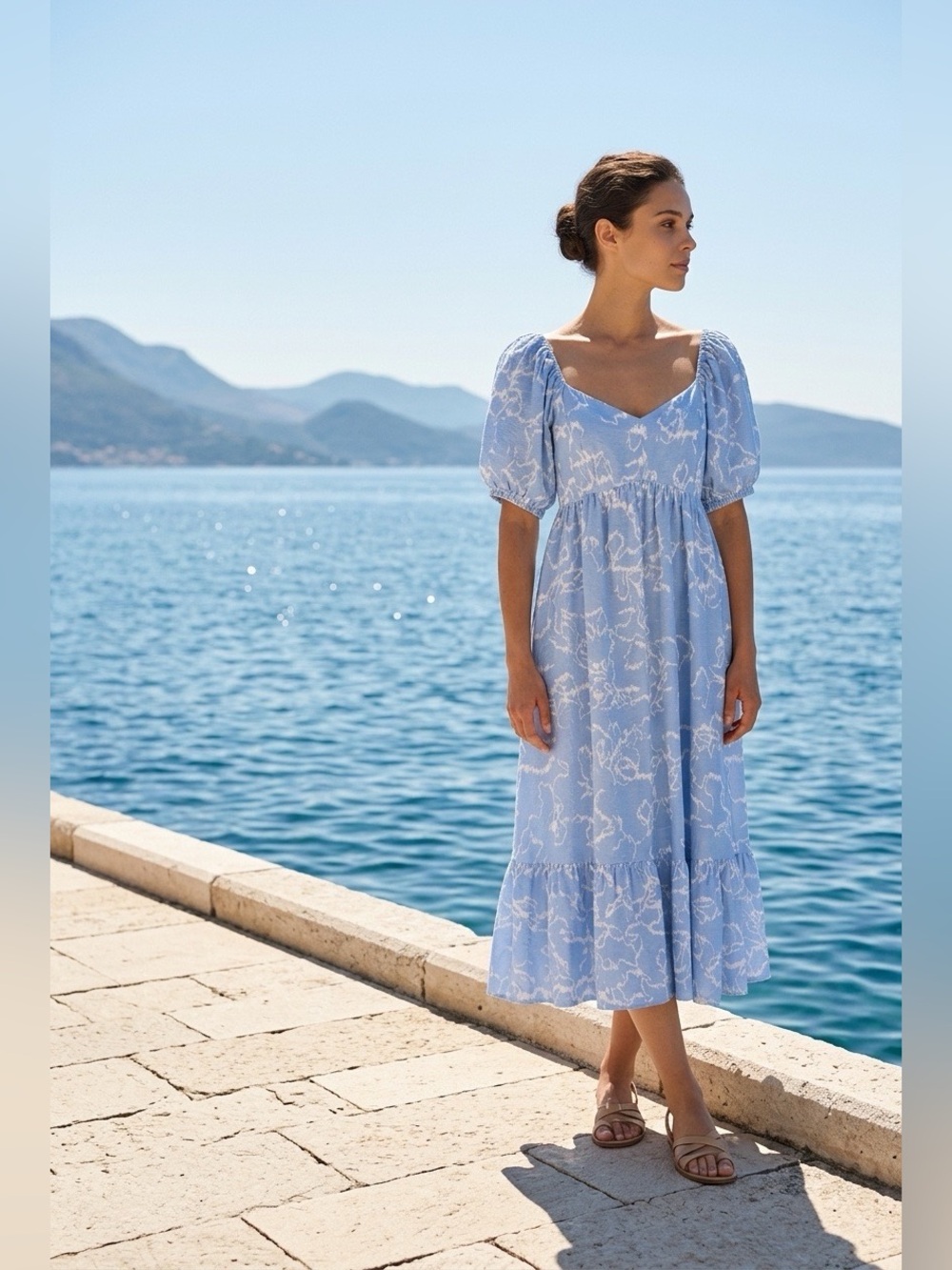 #76 Nine West Light Blue Puff-Sleeve Floral Maxi Dress